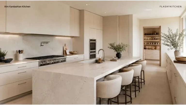 Realistic Kim Kardashian inspired luxury minimalist kitchen with cream cabinets, stone island, working stove, sink, pantry, and modern appliances