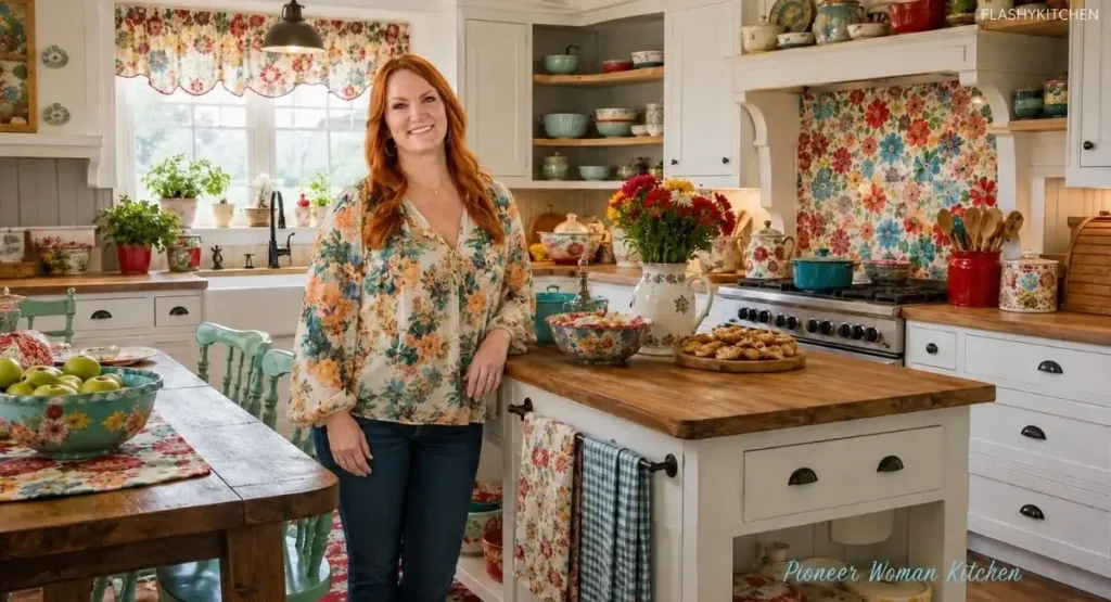 Pioneer Woman kitchen with colorful floral decor, warm white cabinets, farmhouse island, vintage utensils, and rustic kitchen style.