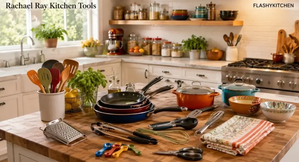 Rachael Ray kitchen tools, colorful utensils, cookware, towels, and gadgets for easy home cooking