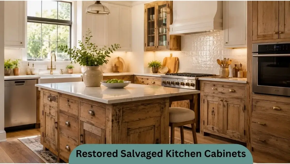 Transitional kitchen with restored salvaged wood cabinets, warm-white upper cabinets, an antique island, and light stone countertops.