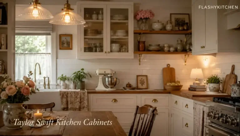 Cozy cottage kitchen with warm white shaker cabinets, glass-front uppers, brass hardware, wood table, subway tile backsplash, and soft floral accents inspired by Taylor Swift kitchen cabinets.