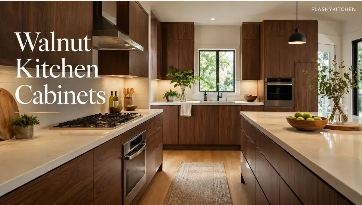 Modern kitchen with natural medium walnut cabinets, warm-white countertops, and built-in appliances.