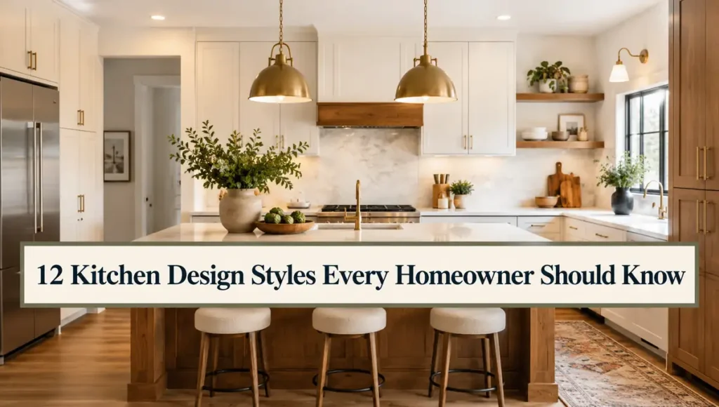 12 kitchen design styles with modern cabinets, warm wood accents, kitchen island and pendant lighting