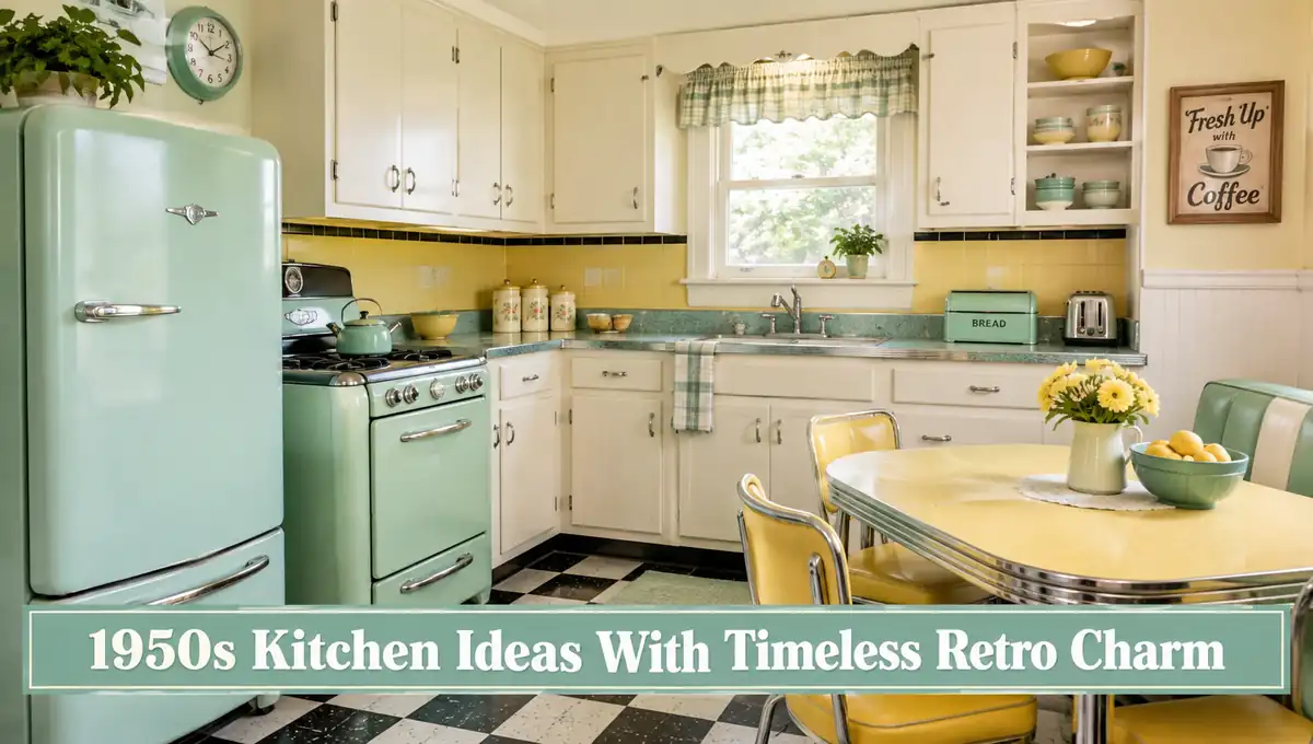 1950s kitchen ideas with mint retro fridge, yellow dining set, vintage cabinets and timeless retro charm