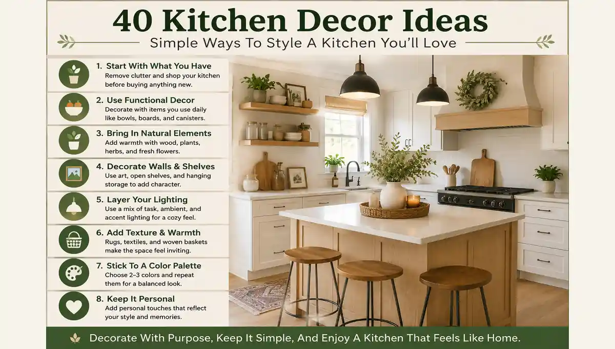 A bright modern kitchen showing practical decor ideas including open shelving, plants, wood accents, pendant lighting, framed art, woven textures, functional counter decor, and a simple coordinated color palette.