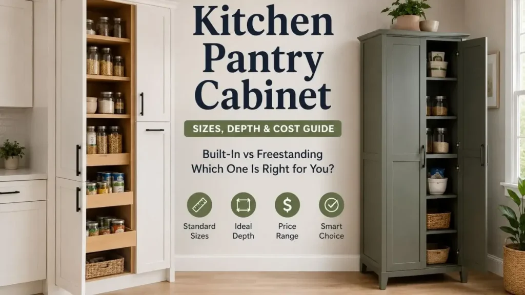 Tall white pantry cabinet built into a kitchen run beside base cabinets