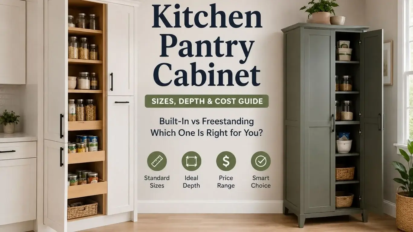 Tall white pantry cabinet built into a kitchen run beside base cabinets