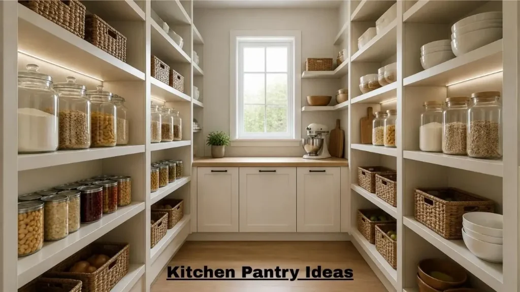 Organized kitchen pantry with adjustable white shelving, clear containers, and warm shelf lighting
