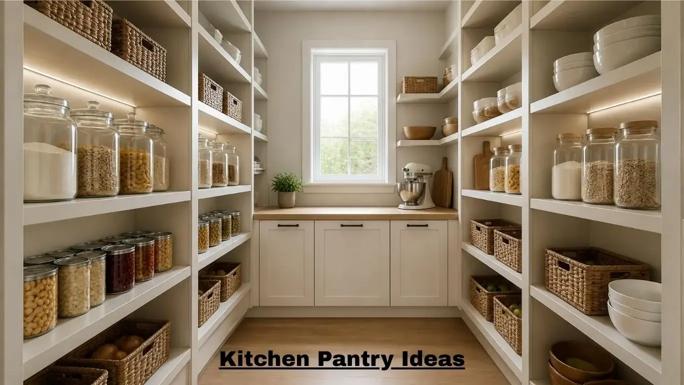 Organized kitchen pantry with adjustable white shelving, clear containers, and warm shelf lighting
