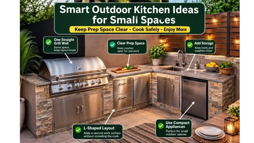 Modern outdoor kitchen ideas for small spaces with a stainless steel grill, clear prep counter, built-in storage, sink, and compact patio layout.