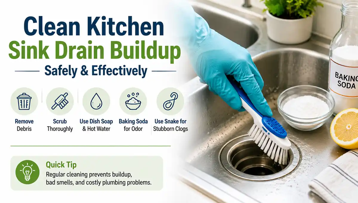 Clean kitchen sink drain buildup safely and effectively