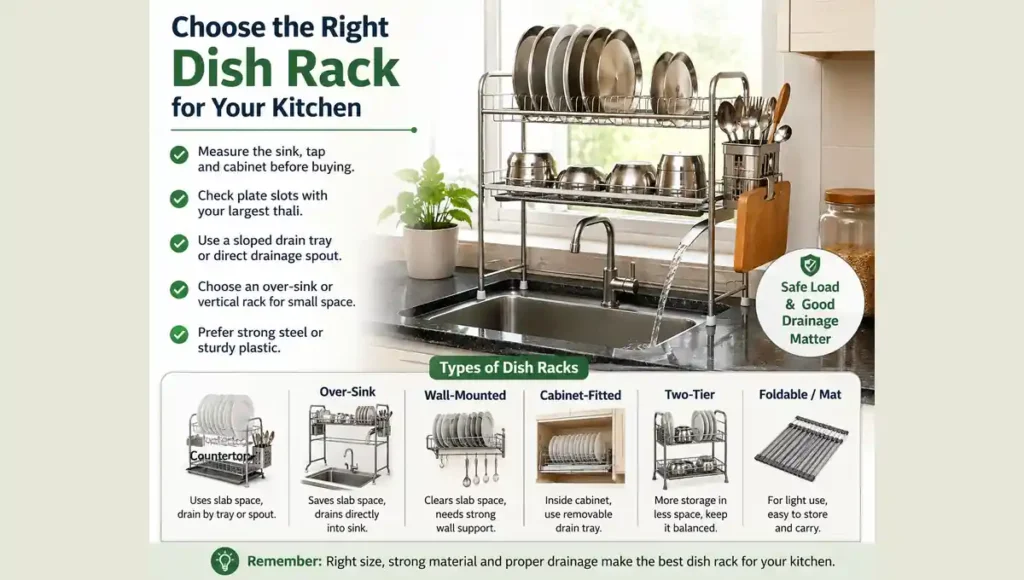 Dish rack for kitchen with over-sink drainage and utensil storage