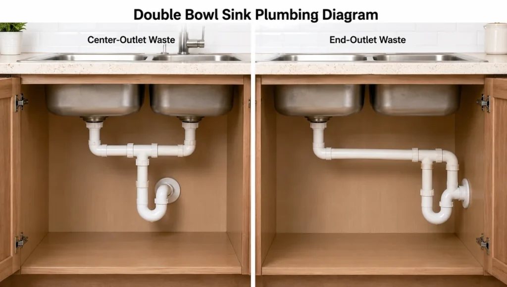 Double bowl kitchen sink plumbing diagram comparing center-outlet waste and end-outlet waste under a double sink