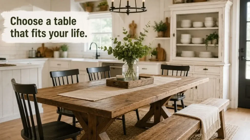Farmhouse kitchen table with rustic wood design