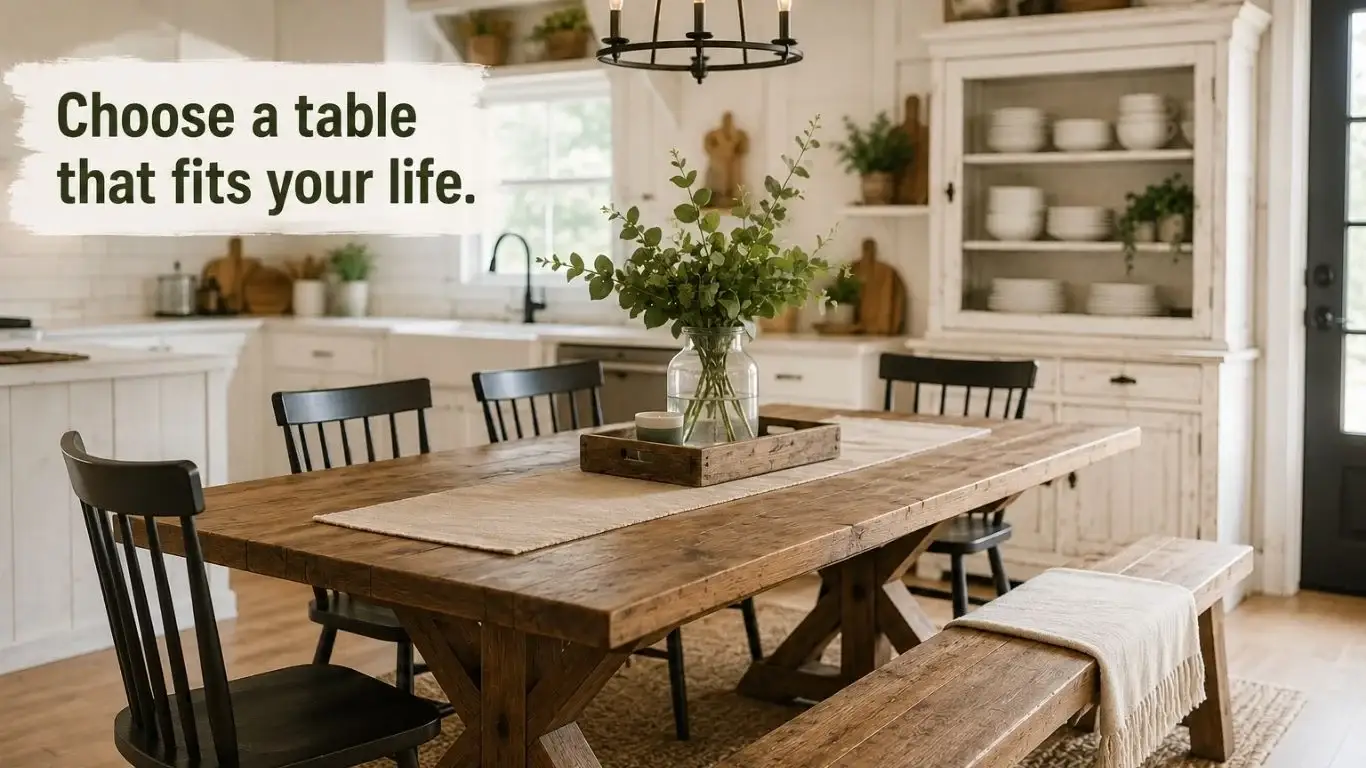 Farmhouse kitchen table with rustic wood design