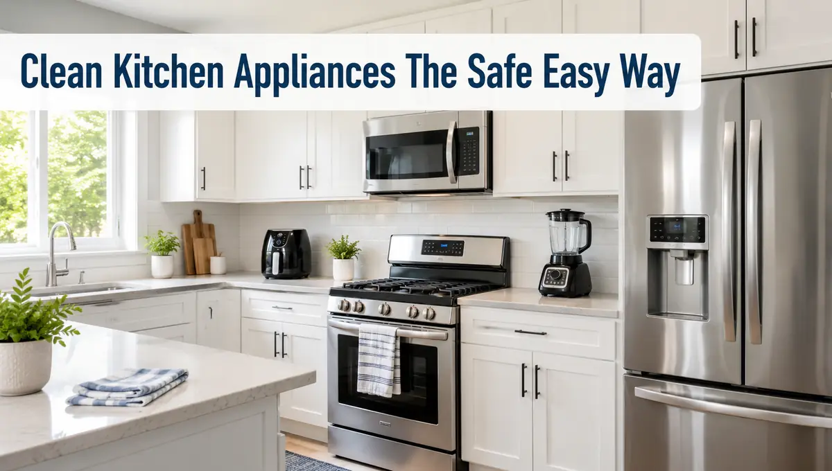 Clean kitchen appliances safely in a modern kitchen with stainless steel refrigerator, oven, microwave, and countertop appliances