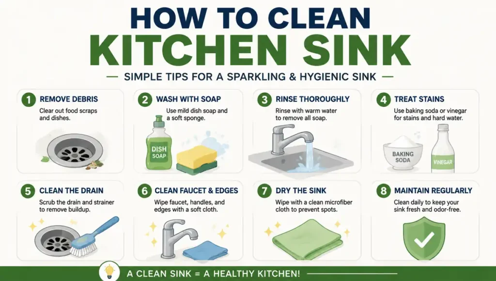 A simple, clean overhead flat-lay of a modern stainless steel kitchen sink. Next to the sink, place a clear bottle of mild dish soap and a soft yellow microfiber cloth. Bright natural daylight, plain white subway tile background. Minimalist, professional, clutter-free photography style. Leave negative space at the bottom for text overlay.