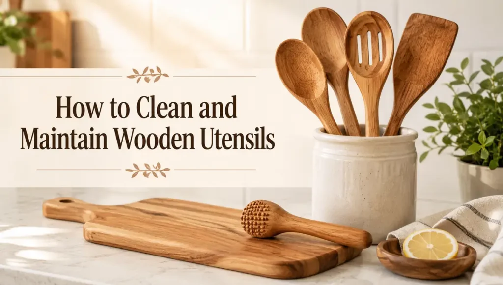 Wooden spoons and spatulas showing how to clean and maintain wooden kitchen utensils