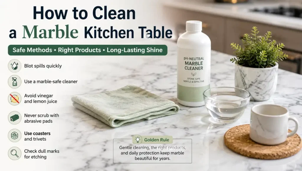 How to clean a marble kitchen table safely with a pH-neutral cleaner and microfiber cloth