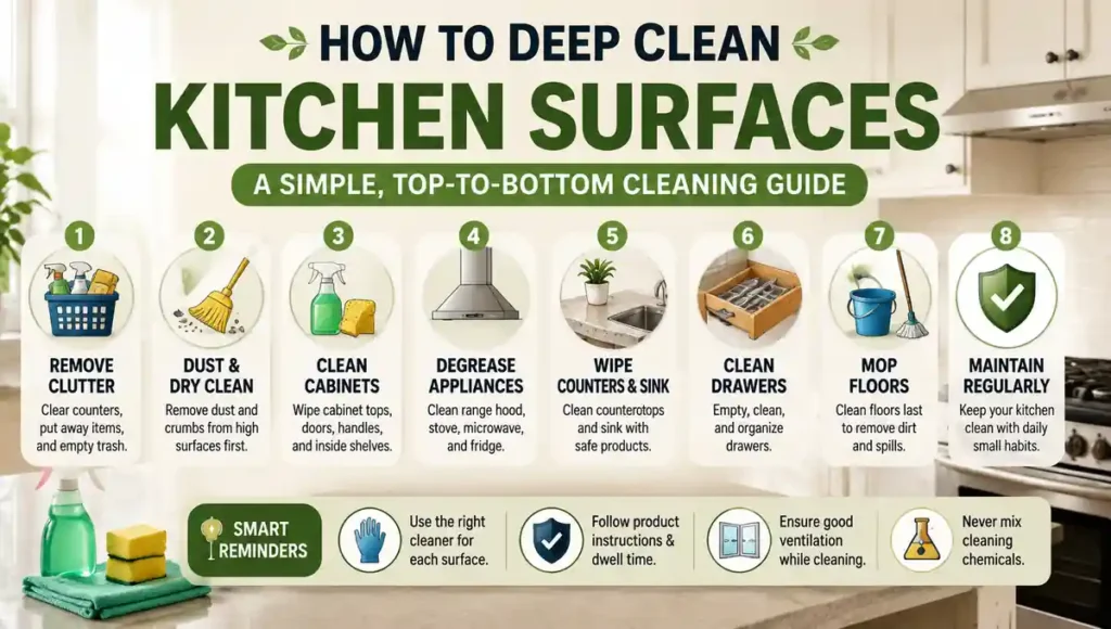 A clean and organized kitchen with a person using a microfiber cloth and a spray bottle to wipe down a countertop. The image shows a top-to-bottom cleaning approach with a focus on removing grease from multiple surfaces.
