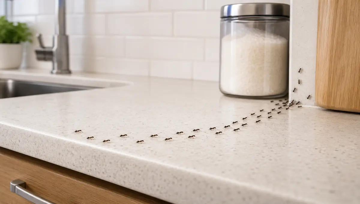 Ant trail on a kitchen counter showing how ants enter the kitchen