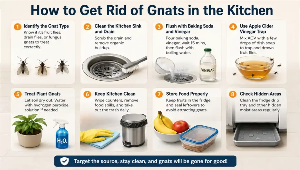 How to get rid of gnats in the kitchen using drain cleaning, vinegar traps, and plant soil treatment
