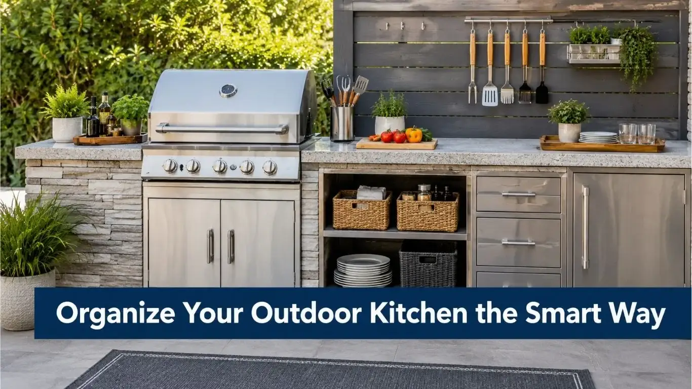 Organized outdoor kitchen storage with grill tools, cabinets, drawers, prep counter, and serving area arranged for easy outdoor cooking.
