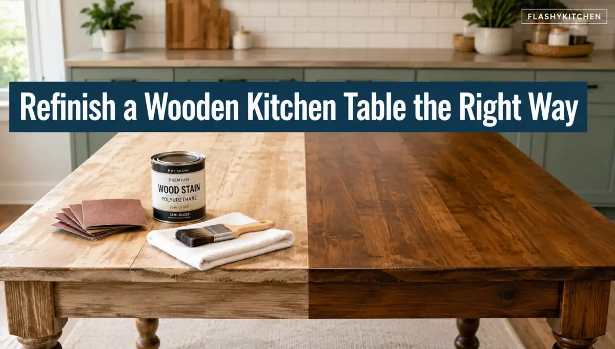 Refinishing a wooden kitchen table with sanding, stain, and protective finish