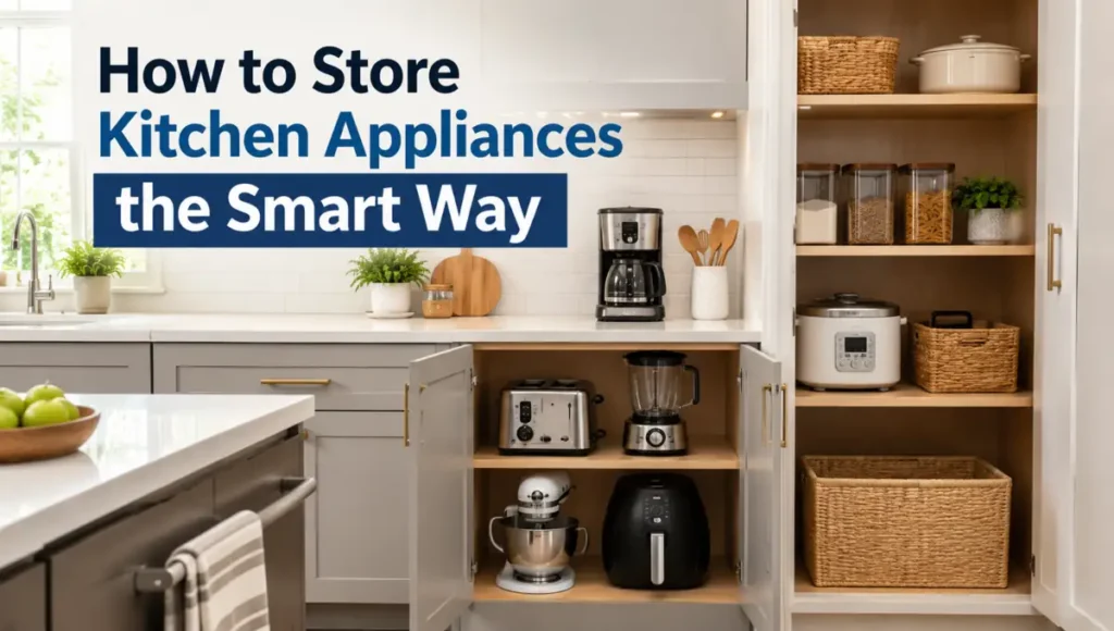 Organized kitchen showing how to store kitchen appliances in cabinets and pantry shelves.