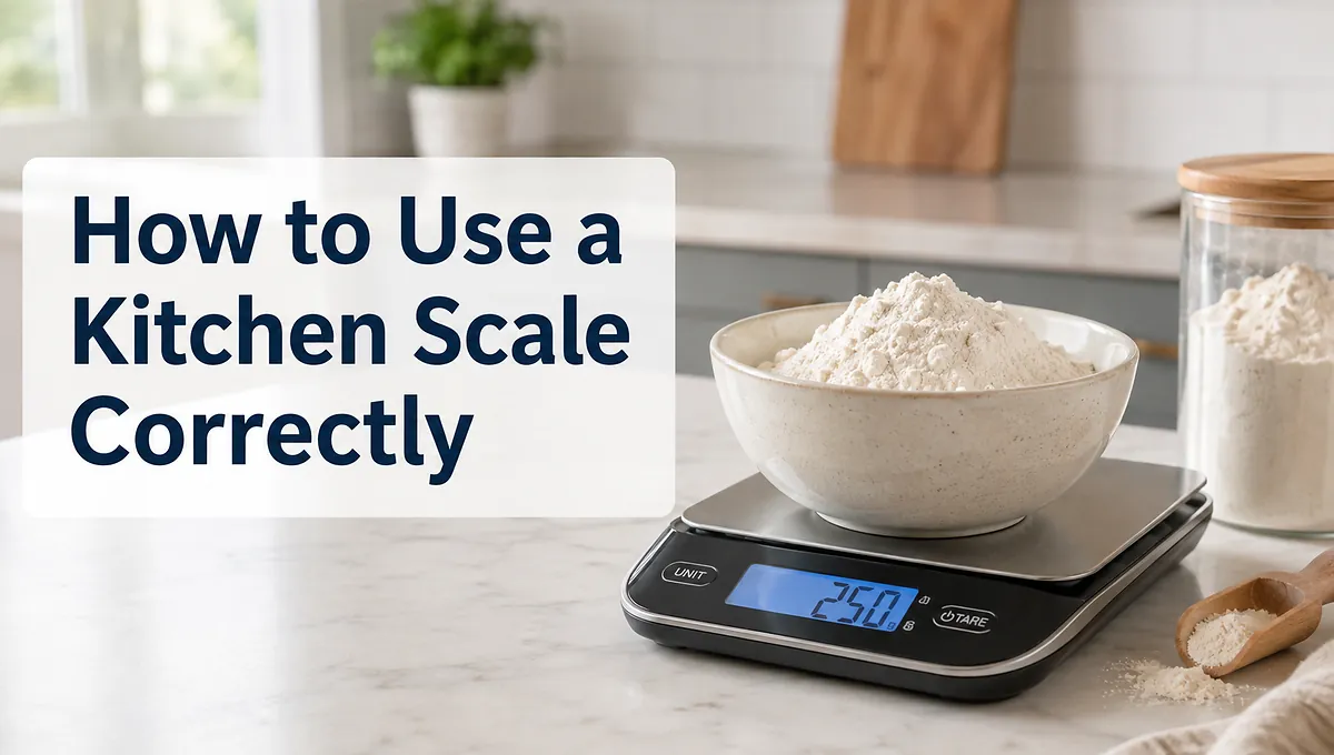 Digital kitchen scale weighing flour in a bowl on a kitchen countertop