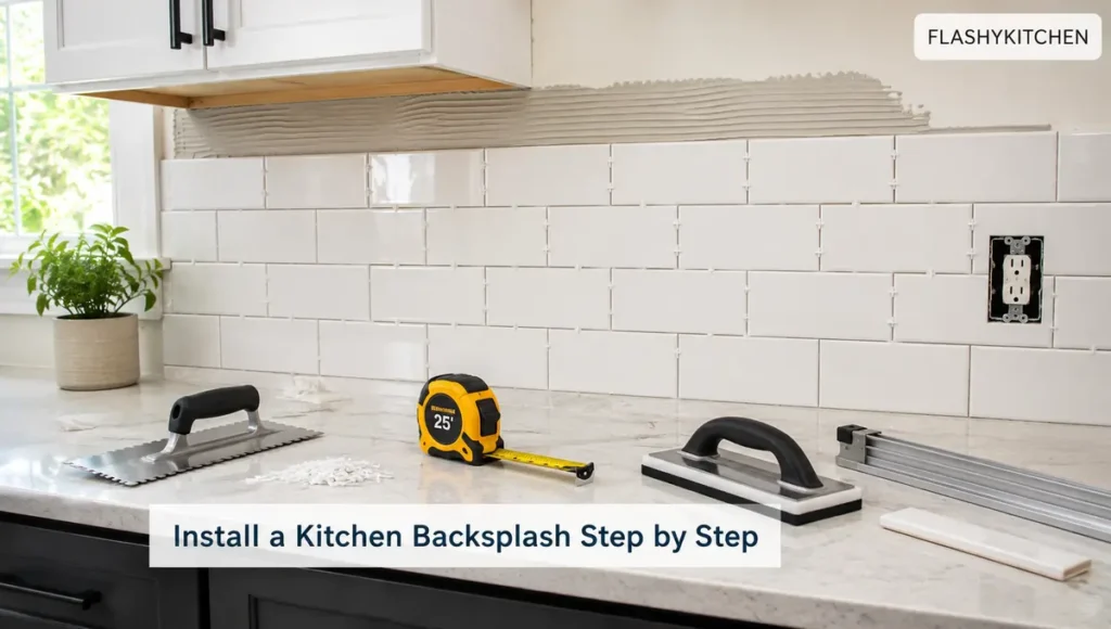 DIY kitchen backsplash installation with white subway tile, spacers, trowel, tape measure, and tile tools.