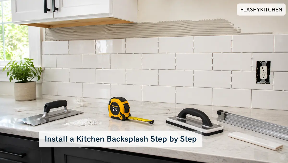 DIY kitchen backsplash installation with white subway tile, spacers, trowel, tape measure, and tile tools.