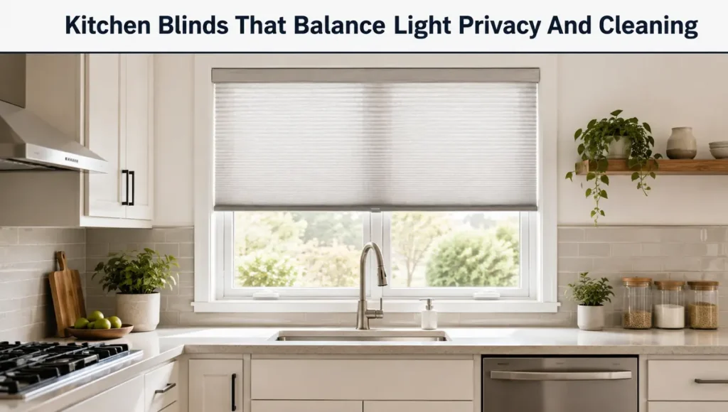 Kitchen blinds over sink balancing natural light, privacy, moisture resistance and easy cleaning