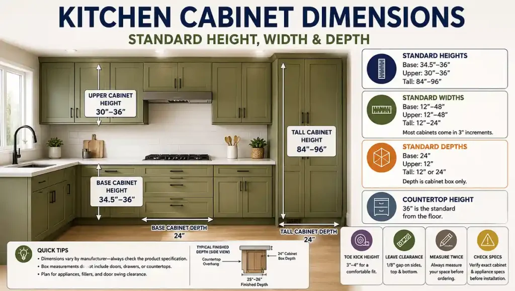 Kitchen cabinet dimensions showing standard height, width and depth