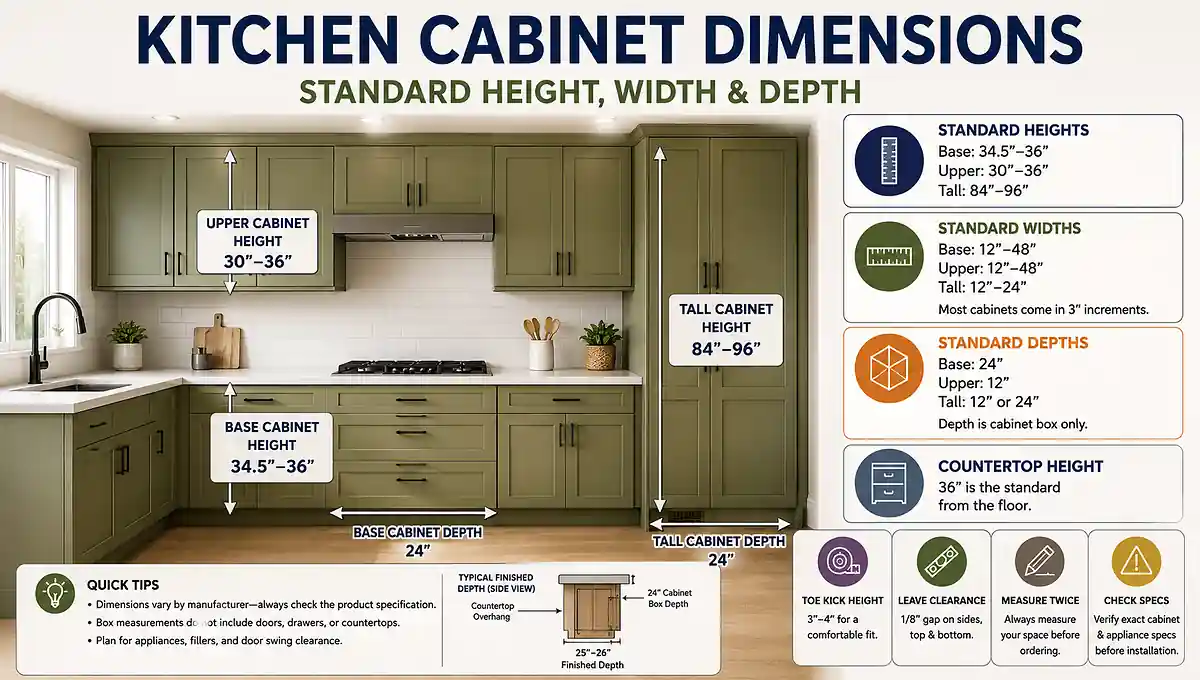 Kitchen cabinet dimensions showing standard height, width and depth