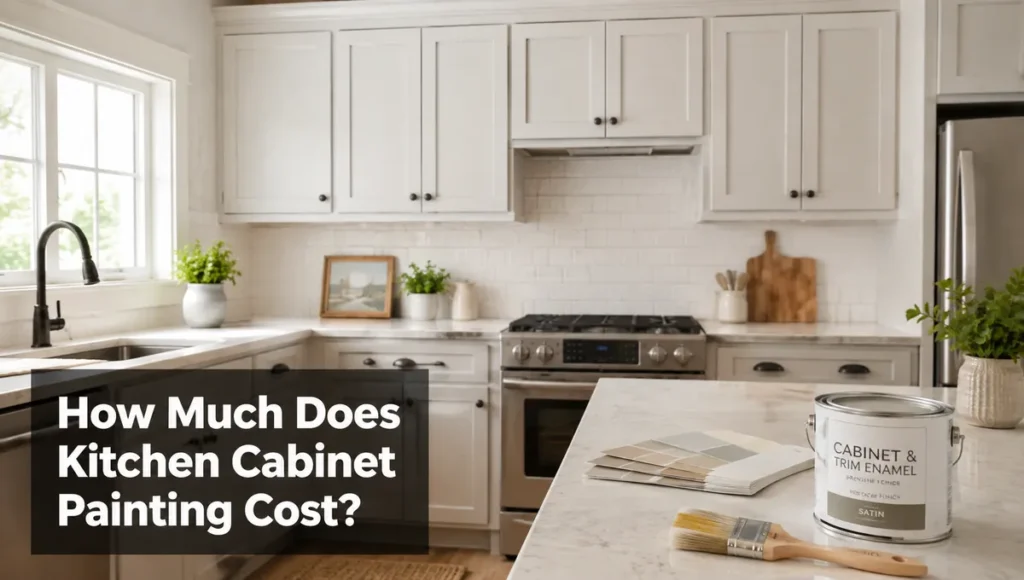Modern kitchen with painted white cabinets, paint can, brush, and color samples showing kitchen cabinet painting cost guide