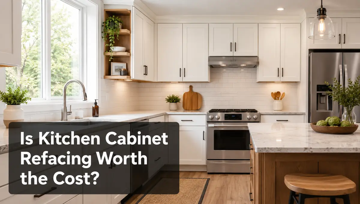 Modern kitchen with white refaced cabinets, stainless steel appliances, and island showing kitchen cabinet refacing cost guide