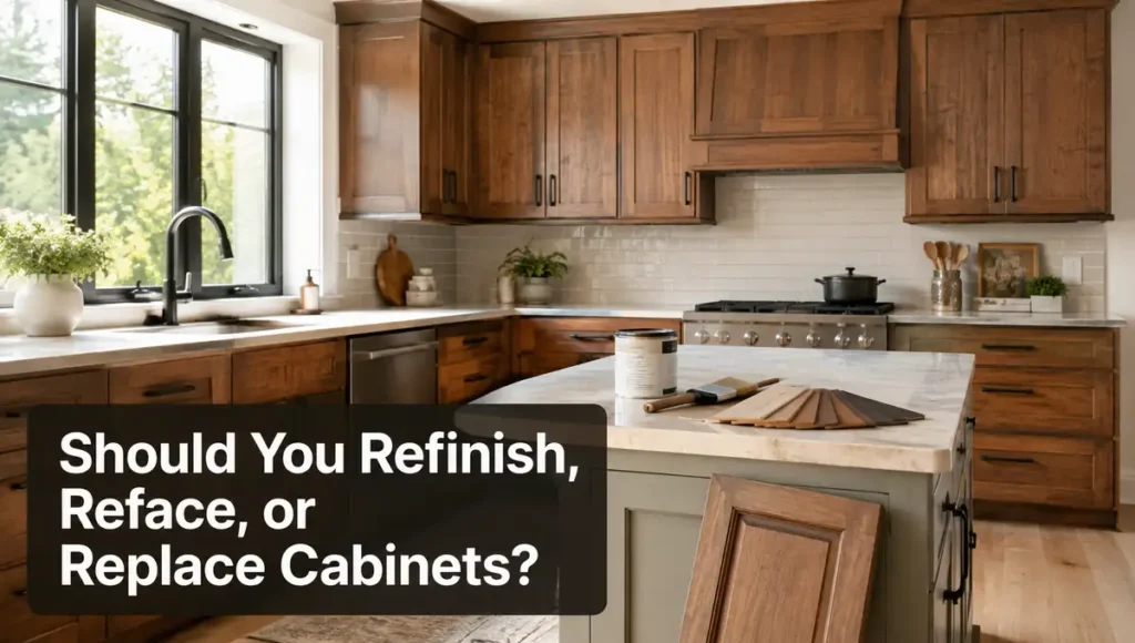 Modern kitchen comparing cabinet refinishing, refacing, and replacement with wood cabinets, finish samples, and cabinet door