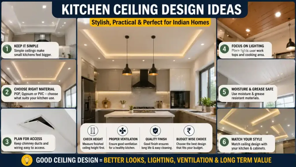 Modern kitchen ceiling design with false ceiling and lighting ideas