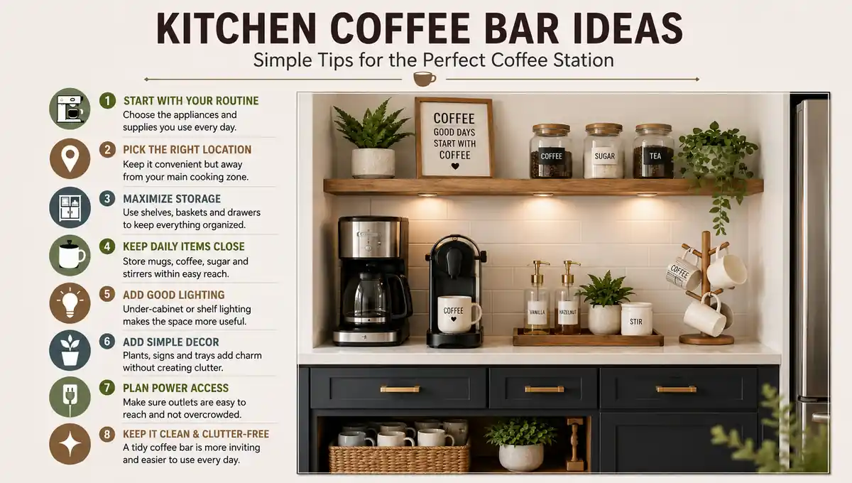 Kitchen coffee bar ideas with coffee makers, mugs, storage shelves, lighting and organized coffee station