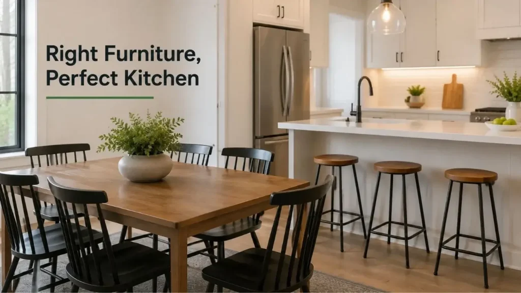 Modern kitchen with wooden dining table and comfortable chairs