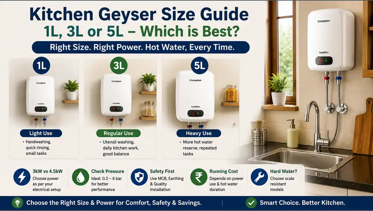 Kitchen geyser size guide comparing 1L 3L and 5L models