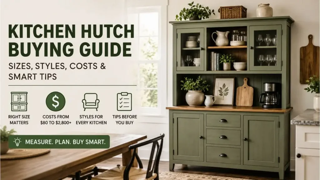 Kitchen hutch buying guide showing a freestanding green hutch with storage and display shelves