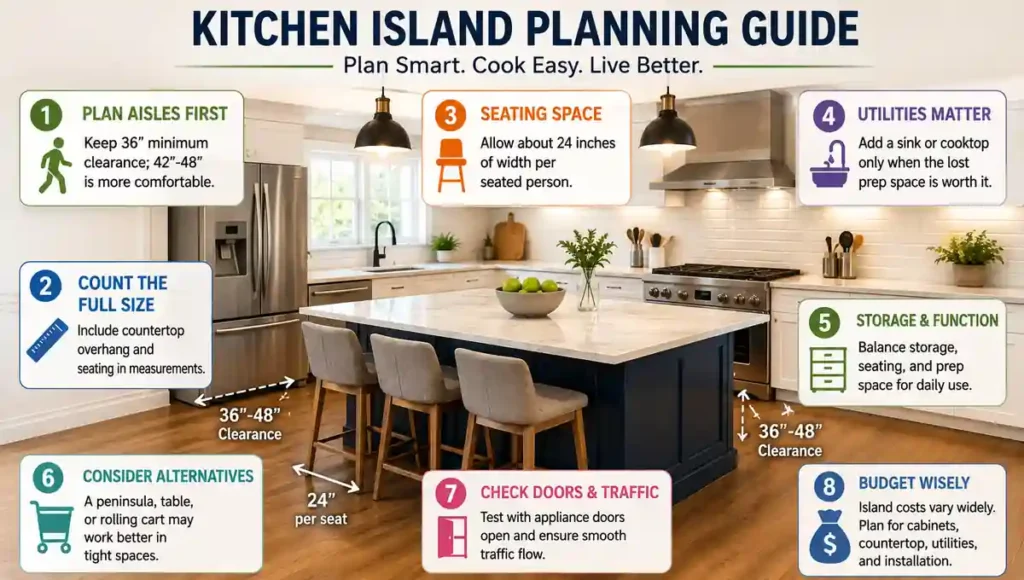 Kitchen island planning guide showing aisle clearance, seating space, storage, utilities, and kitchen island layout tips
