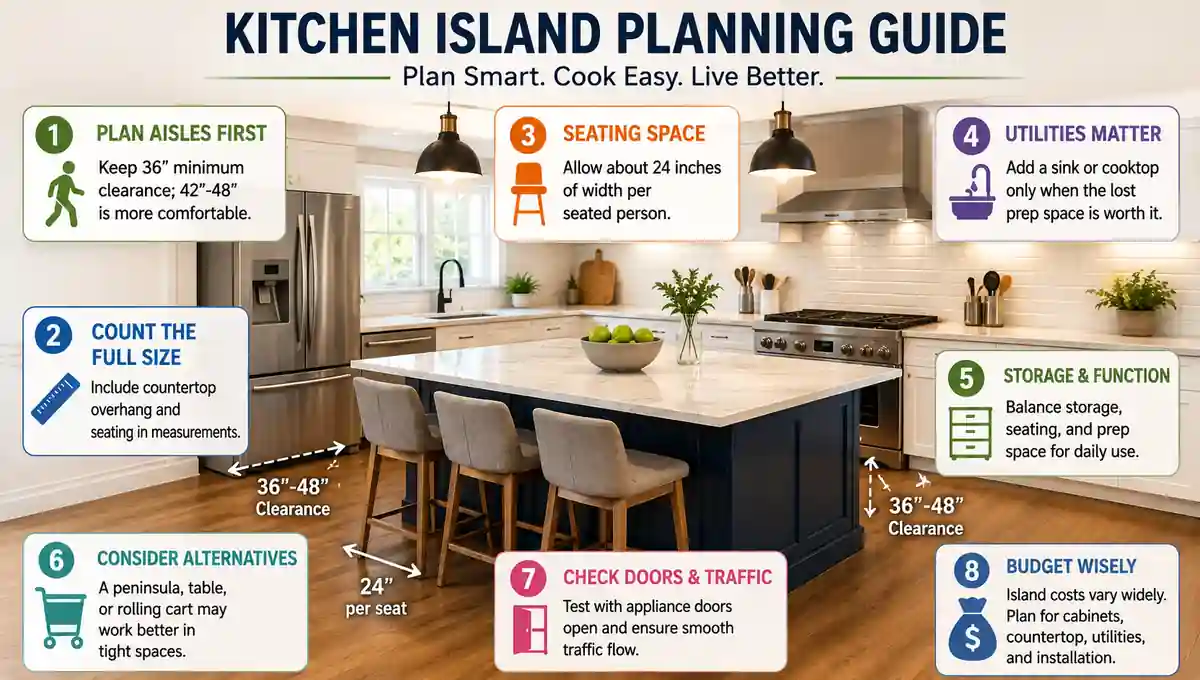 Kitchen island planning guide showing aisle clearance, seating space, storage, utilities, and kitchen island layout tips