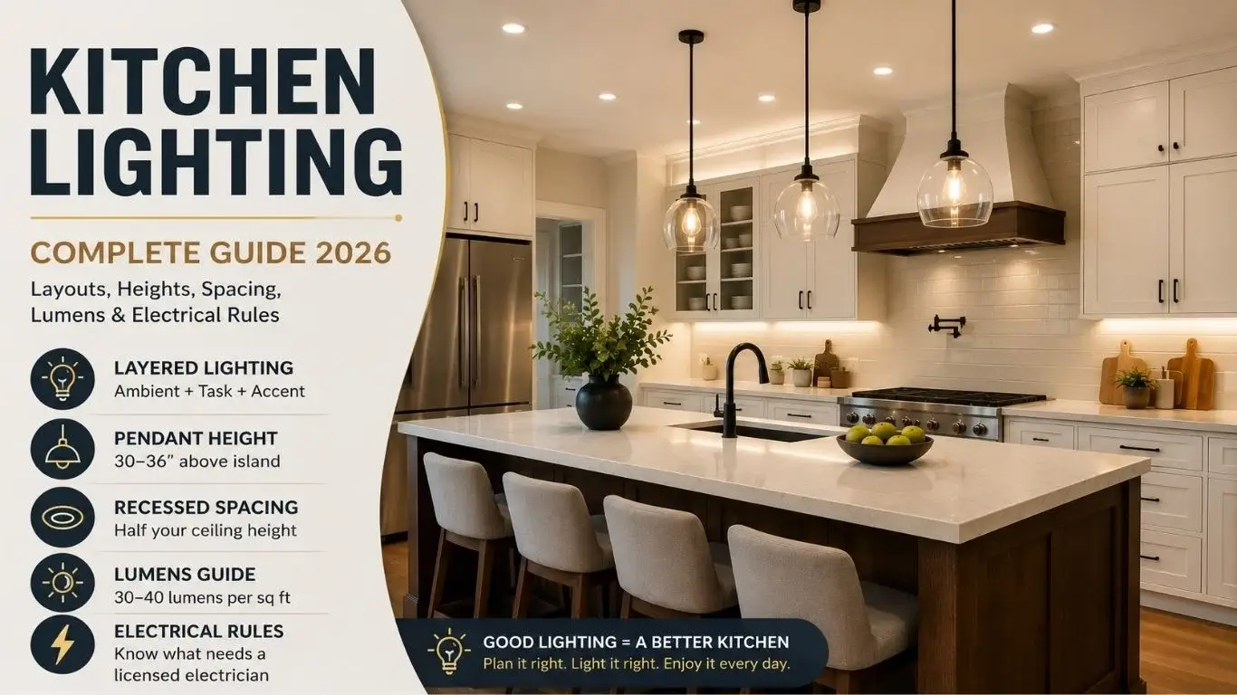 Modern kitchen lighting with pendant lights and recessed ceiling lights