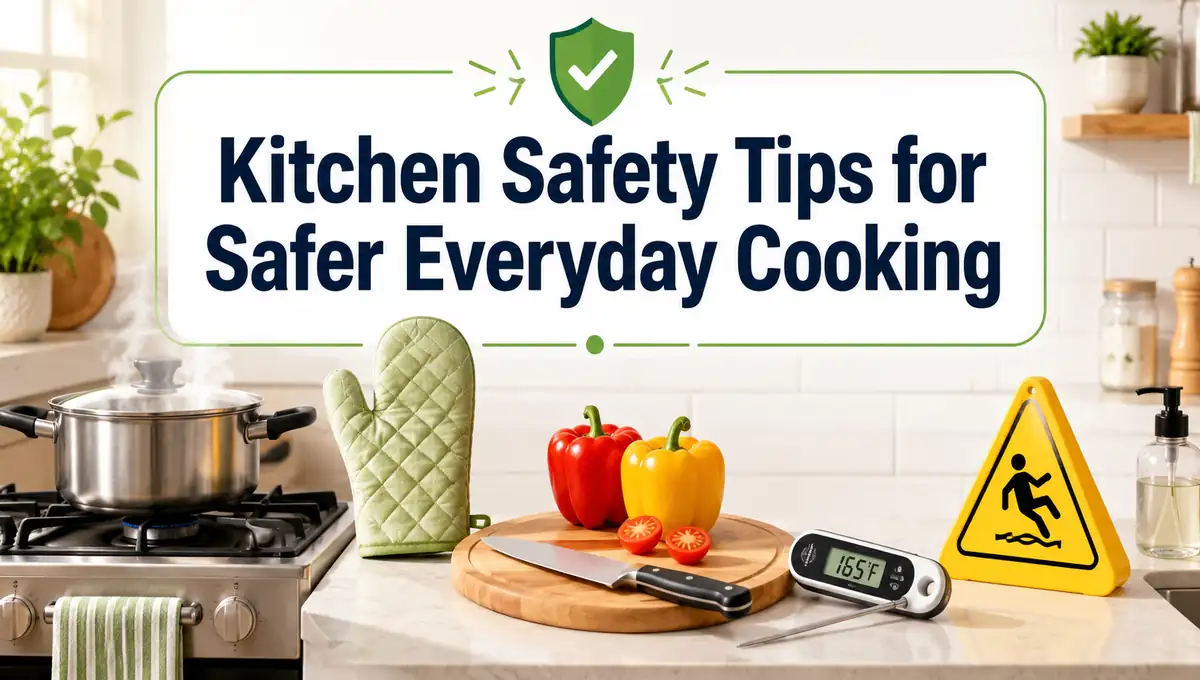 Kitchen safety tips for safer everyday cooking with stove, knife, oven mitt, and food thermometer