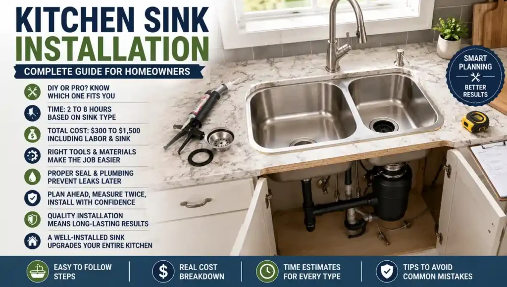 Kitchen sink installation guide showing stainless steel sink, plumbing, sealant, tools, and under-sink connections