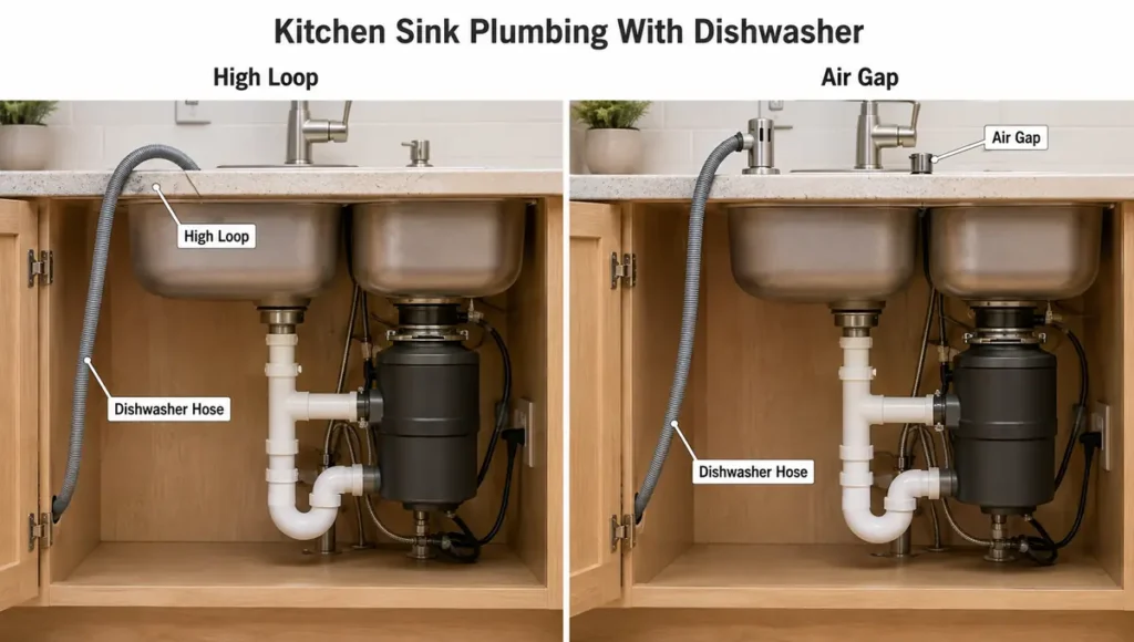 Kitchen sink plumbing with dishwasher showing high loop and air gap drain hose connection under a double sink