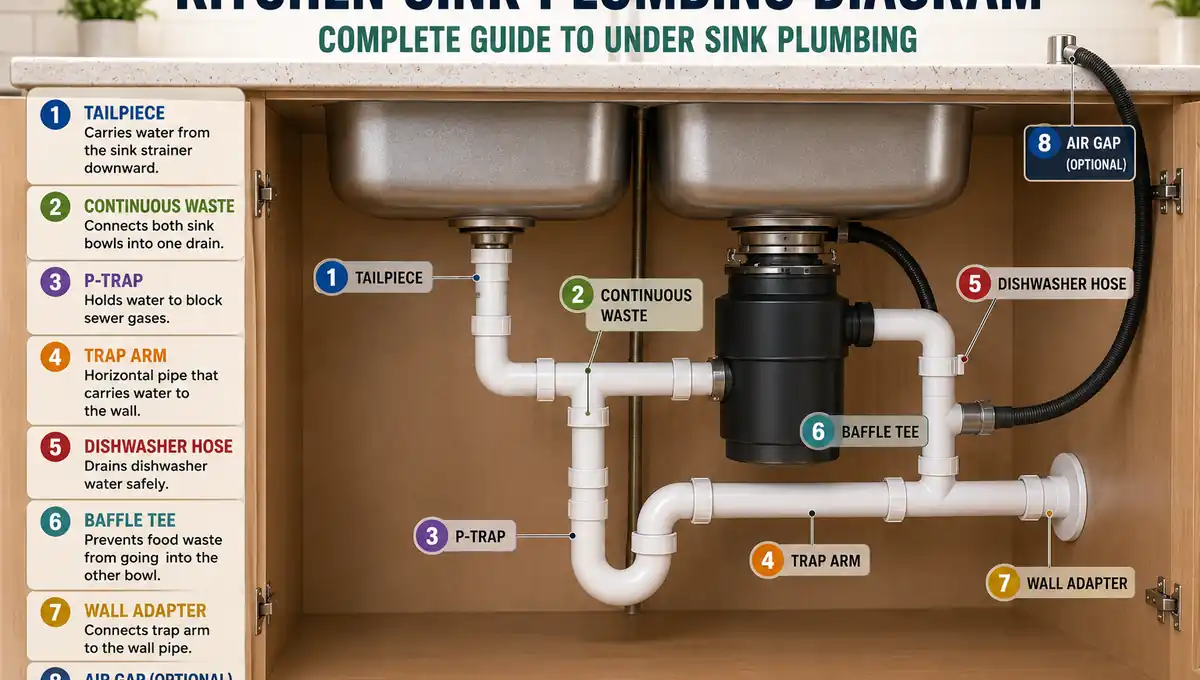 Kitchen sink plumbing diagram showing tailpiece, continuous waste, P-trap, trap arm, dishwasher hose, baffle tee, wall adapter, and air gap